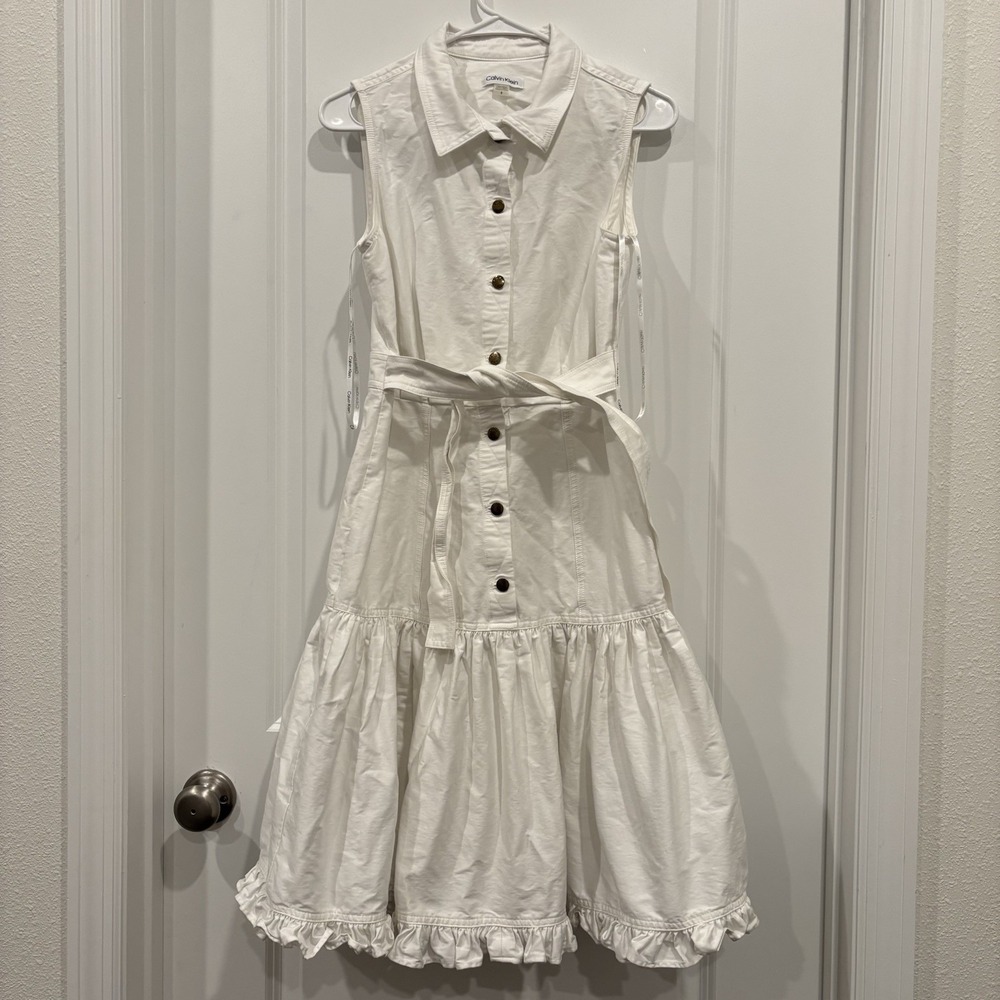 Calvin Klein Size 8 Cream White Sleeveless Button Point Collar Shirt Dress